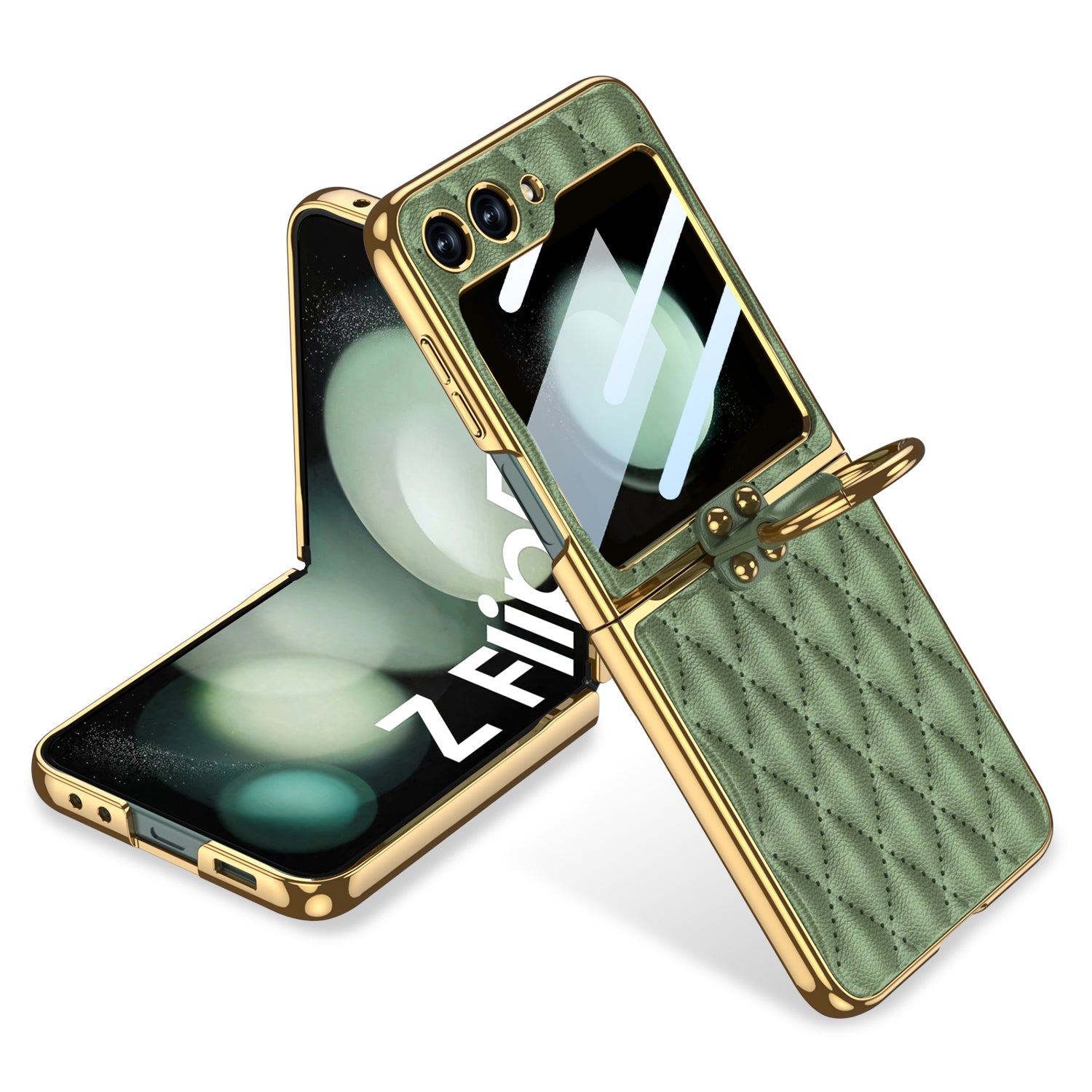 GKK For Samsung Galaxy Z Flip5 5G Rhombic Pattern Hard PC PU Phone Cover Metal Ring Kickstand Case with Small Screen Film GKK For Samsung Galaxy Z Flip5 5G Rhombic Pattern Hard PC PU Phone Cover Metal Ring Kickstand Case with Small Screen Film
